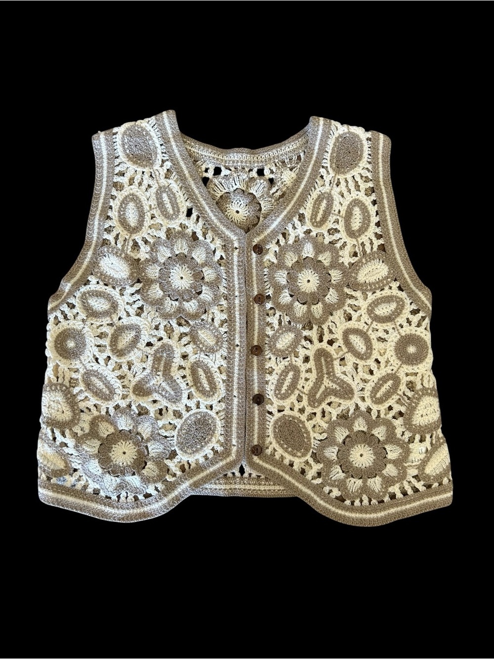 Handmade Crochet Floral Vest in Cream and Taupe